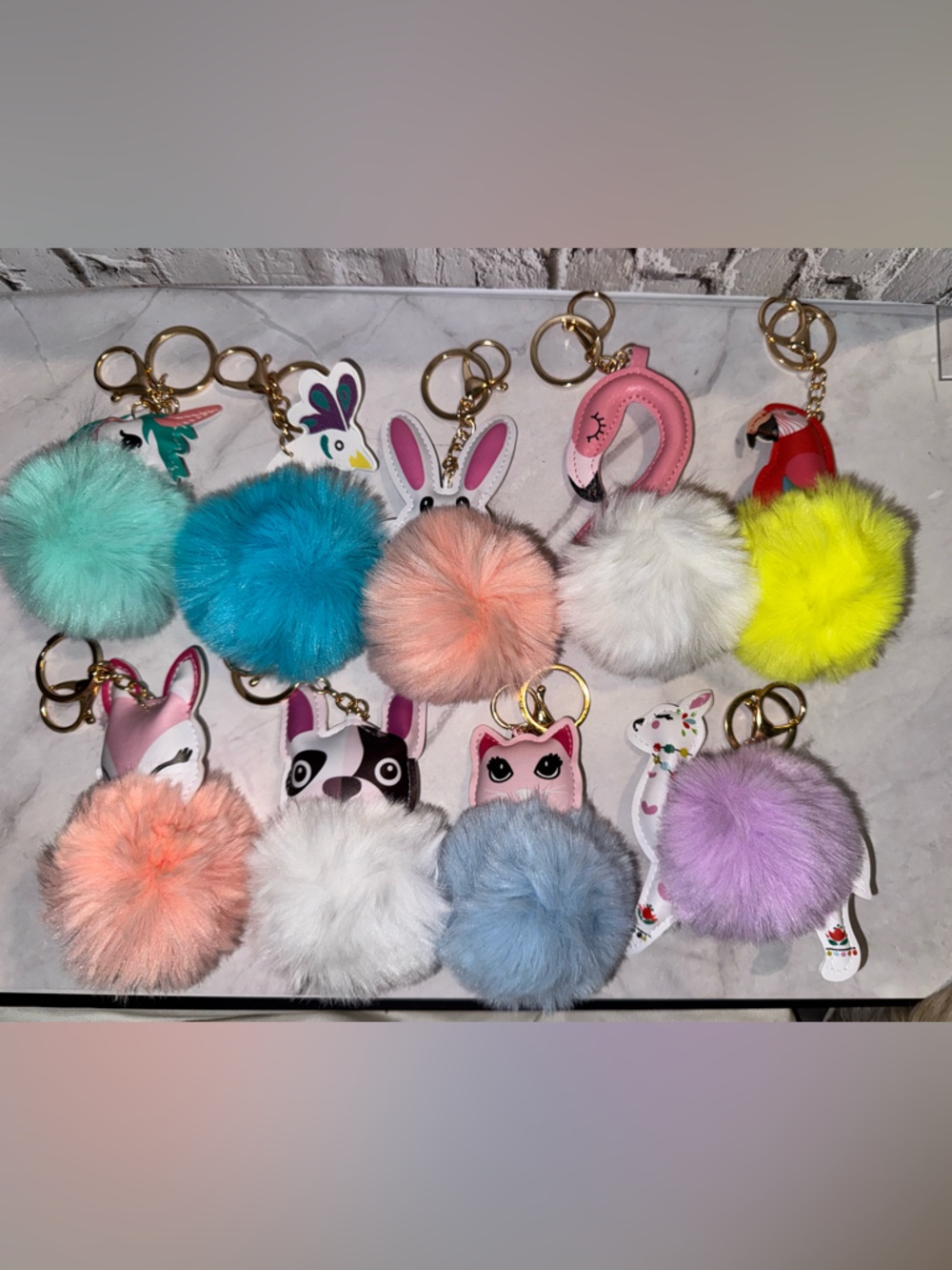 Colorful Pom Pom Animal Keychain Bag charm Gold tone price per item u pick NEW